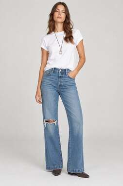 PAIGE Leenah High Rise Wide Leg Distressed Jeans Ripped Knee Medium Wash Size 30